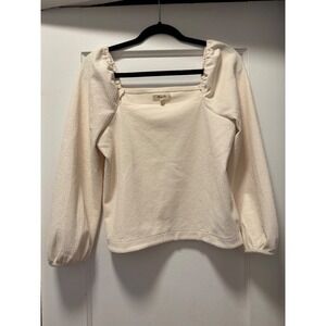 Madewell Womens Small Cream Textured Puff Sleeve Square Neck Blouse Ivory Top